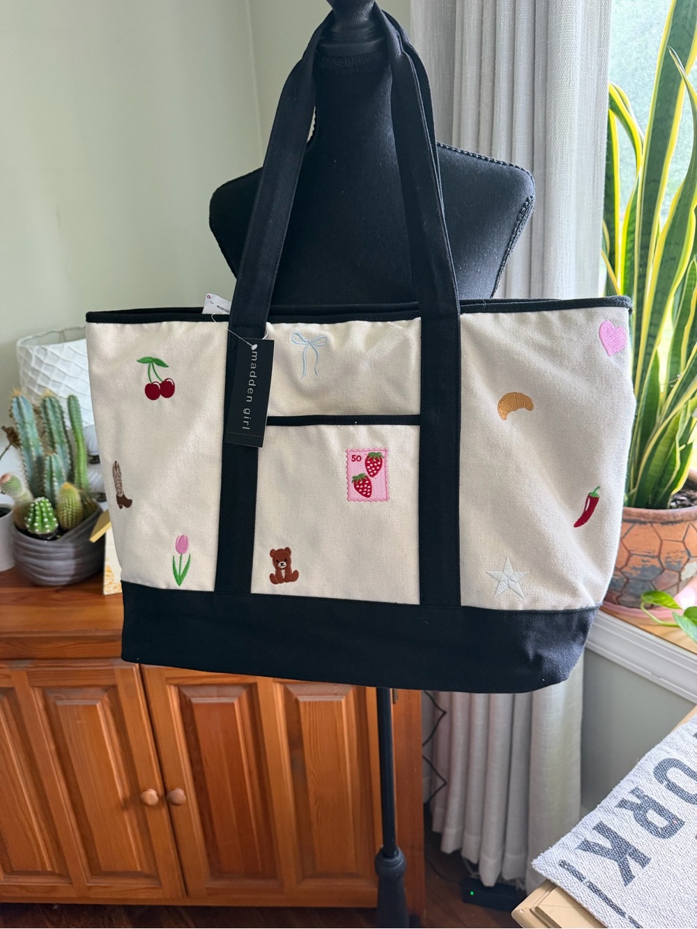 Madden Girl Cream Canvas  Black Trim and Embroidered Motifs
